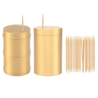 UPTALY 2 pcs 100% Brass Toothpick Holders (Bamboo Shape+Cylindrical Shape), Thicken Tooth Picks Container (Gold Color), Countertop Toothpick Storage Box, Copper Toothpick Dispensers