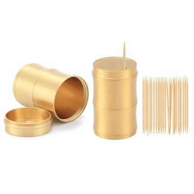 UPTALY 2 pcs 100% Brass Toothpick Holders (Bamboo Shape), Thicken Tooth Picks Container (Gold Color), Countertop Toothpick Storage Box, Copper Toothpick Dispensers