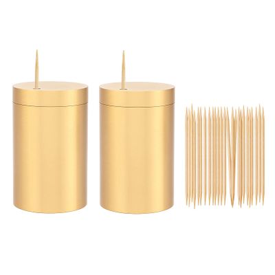 UPTALY 2 pcs 100% Brass Toothpick Holders (Cylindrical Shape), Thicken Tooth Picks Container (Gold Color), Countertop Toothpick Storage Box, Copper Toothpick Dispensers