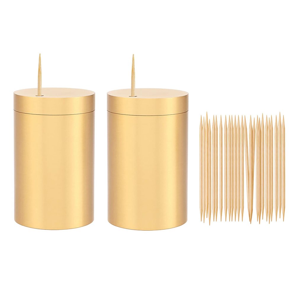 UPTALY 2 pcs 100% Brass Toothpick Holders (Cylindrical Shape), Thicken Tooth Picks Container (Gold Color), Countertop Toothpick Storage Box, Copper Toothpick Dispensers