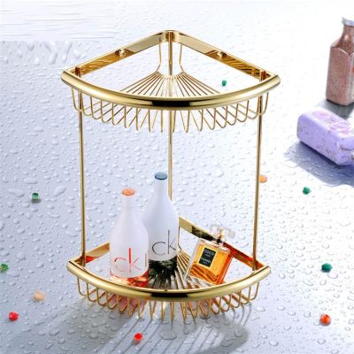 TOMYEUS Shower Caddy Bathroom Shelf Brass Corner Storage Shelf, Bathroom Basket Holder, Kitchen Organizer, Polished Gold, Solid Brass Shower Organizer (Color : Shelf B - 2 Tiers)