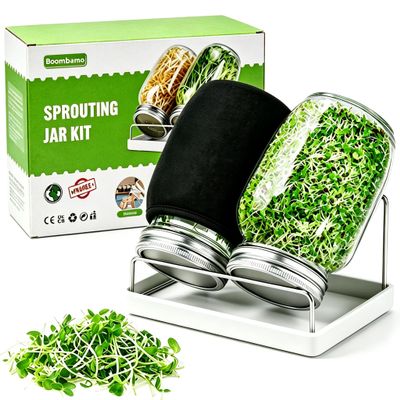 Sprouting Kit,Seed Sprouting Jar Kit,2Pcs Large Wide Mouth Mason Jar with 304 Stainless Steel Screen Sprout Lid,Sprout Jar Stand,Tray,Blackout Sleeves,Sprouts Growing Kit for Broccoli,Mung Bean