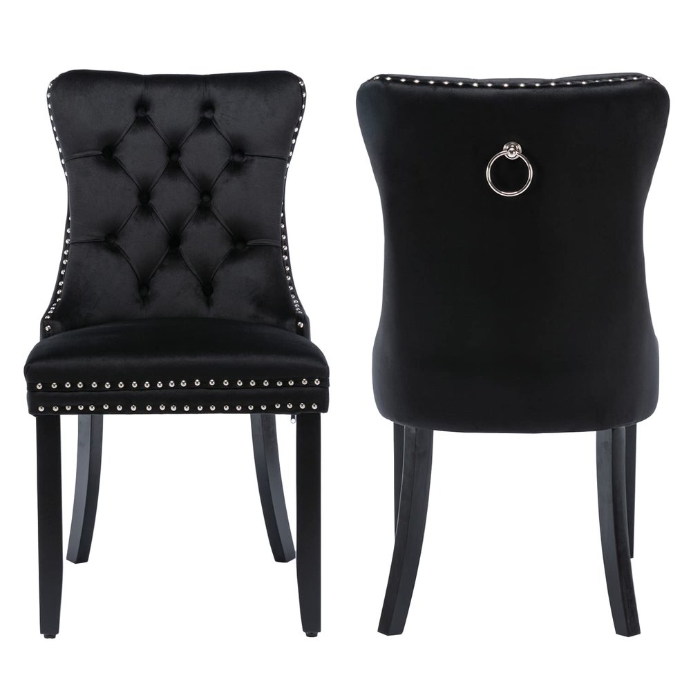 BAXMUY Dinning Chair, Comfortable Velvet Upholstered Dining Room Chair, 20" Seat Height, Solid Wood Leg Nailhead Trim, Modern Kitchen Dining Chairs Set of 2, Black