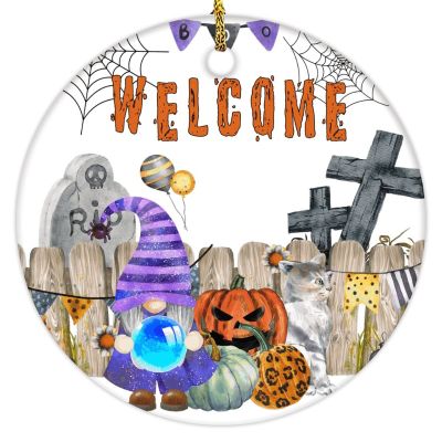 2022 Halloween Ornaments 3 Inch Gnome Pumpkin Ceramic Ornament Pet Cat Welcome Tombstone Fence Banner Night Before Christmas Tree Hanging Ornament Two Sides Printed Gothic Halloween Keepsake Gift