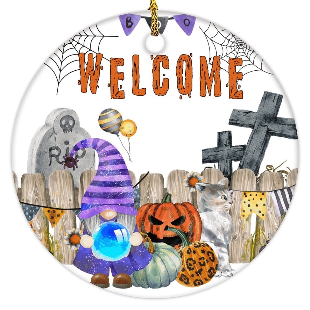 2022 Halloween Ornaments 3 Inch Gnome Pumpkin Ceramic Ornament Pet Cat Welcome Tombstone Fence Banner Night Before Christmas Tree Hanging Ornament Two Sides Printed Gothic Halloween Keepsake Gift