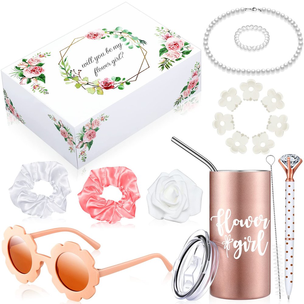 Yilloog 20 Pcs Flower Girl Proposal Gifts Box Set Water Bottle Tumbler Round Glasses Necklace Pearl Bracelet Will You Be My Flower Girl for Wedding(Pink)