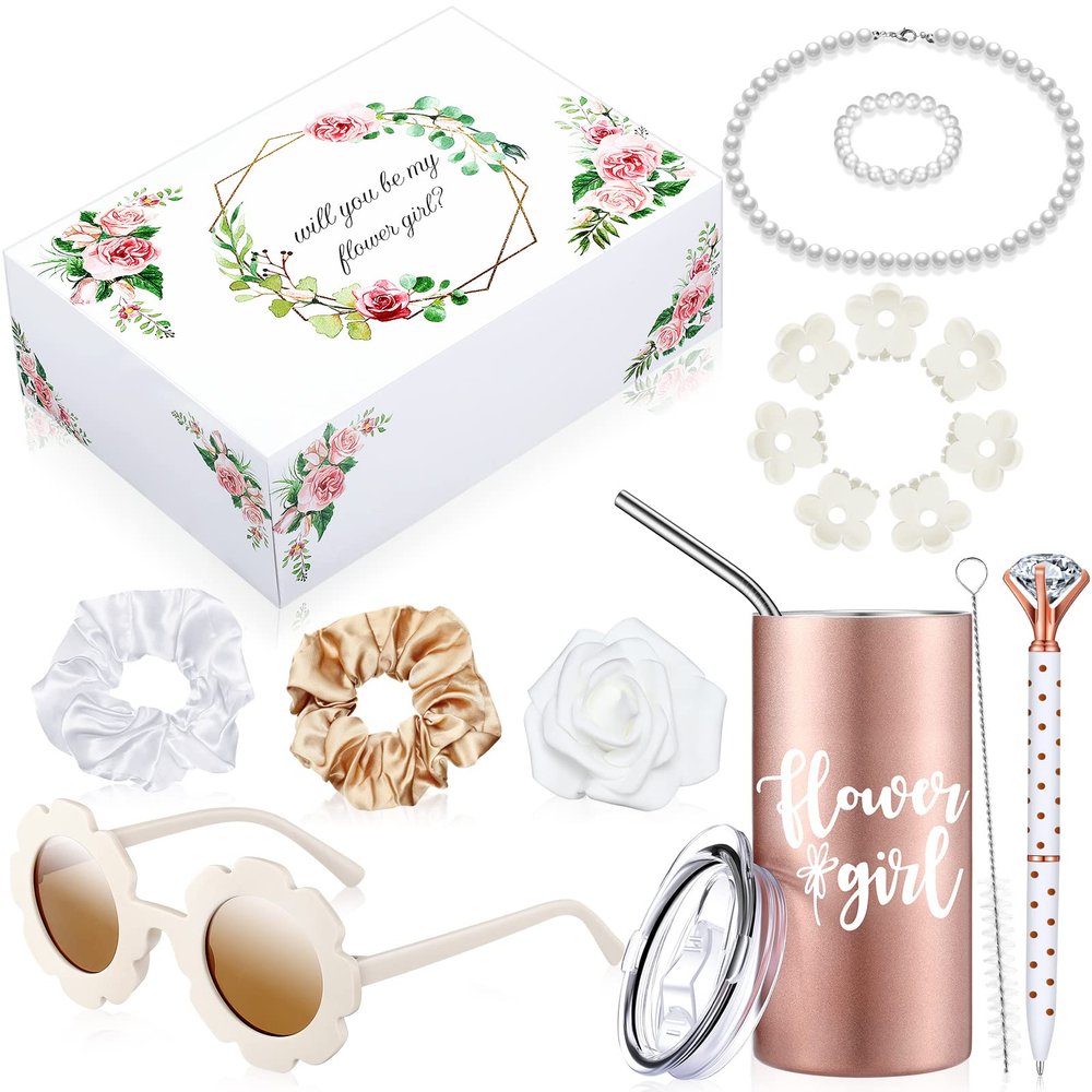 Yilloog 20 Pcs Flower Girl Proposal Gifts Box Set Water Bottle Tumbler Round Glasses Necklace Pearl Bracelet Will You Be My Flower Girl for Wedding(White)