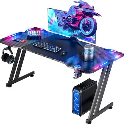 HLDIRECT 55 Inch Gaming Desk with LED Lights Carbon Fibre Surface Gaming Table Large Computer Desk Ergonomic Home Office Desks Z Shaped PC Gamer Workstations with Cup Holder & Headphone Hook Black
