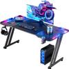 HLDIRECT 55 Inch Gaming Desk with LED Lights Carbon Fibre Surface Gaming Table Large Computer Desk Ergonomic Home Office Desks Z Shaped PC Gamer Workstations with Cup Holder & Headphone Hook Black view 1