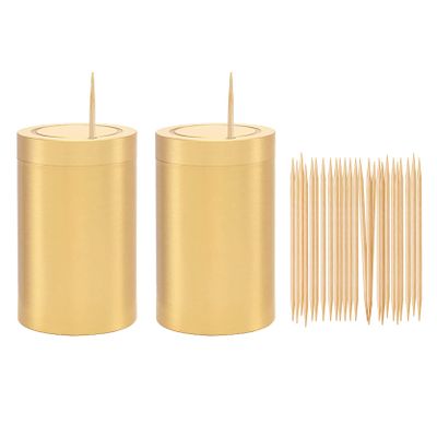 UPTALY 2 pcs 100% Brass Toothpick Holders (Small Cylindrical Shape), Thicken Tooth Picks Container (Gold Color), Toothpicks Storage Box, Mini Copper Toothpick Dispensers