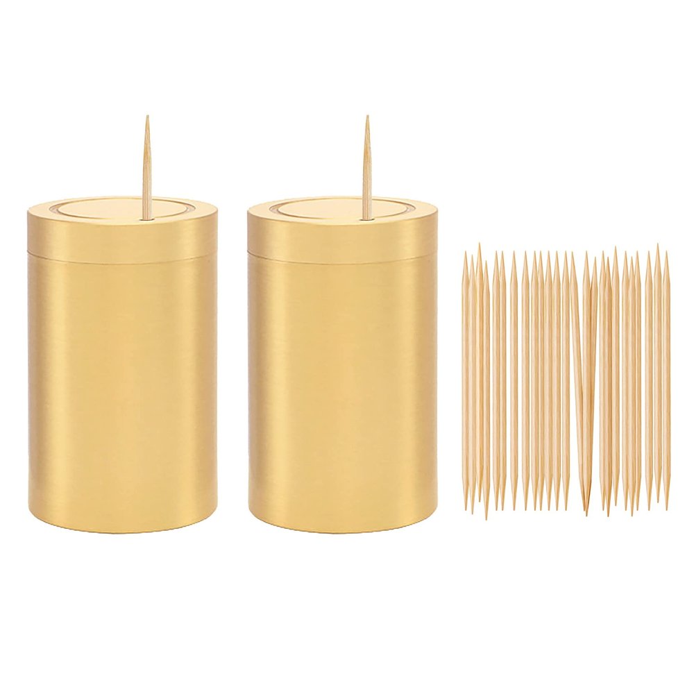 UPTALY 2 pcs 100% Brass Toothpick Holders (Small Cylindrical Shape), Thicken Tooth Picks Container (Gold Color), Toothpicks Storage Box, Mini Copper Toothpick Dispensers