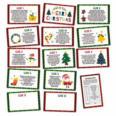 Christmas Party Games - Christmas Scavenger Treasure Hunt Clues Cards, Xmas Game Cards, Christmas Eve/Happy New Year Party Supplies Decorations(13 Cards With Colourful Envelopes)