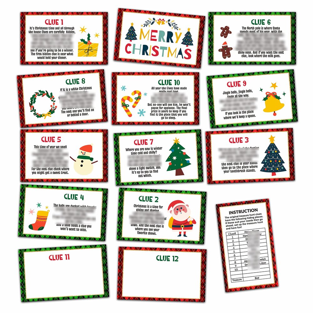 Christmas Party Games - Christmas Scavenger Treasure Hunt Clues Cards, Xmas Game Cards, Christmas Eve/Happy New Year Party Supplies Decorations(13 Cards With Colourful Envelopes)
