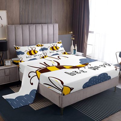 Erosebridal Honey Bee Sheet Set Twin, Bee Happy Bee Bed Sheets Bedroom Living Room Dorm Decor 3 Pcs, Soft Fitted Sheet Cartoon Bee Flat Sheet + 1 Fitted Sheet + 1 Pillow Case with Deep Pocket