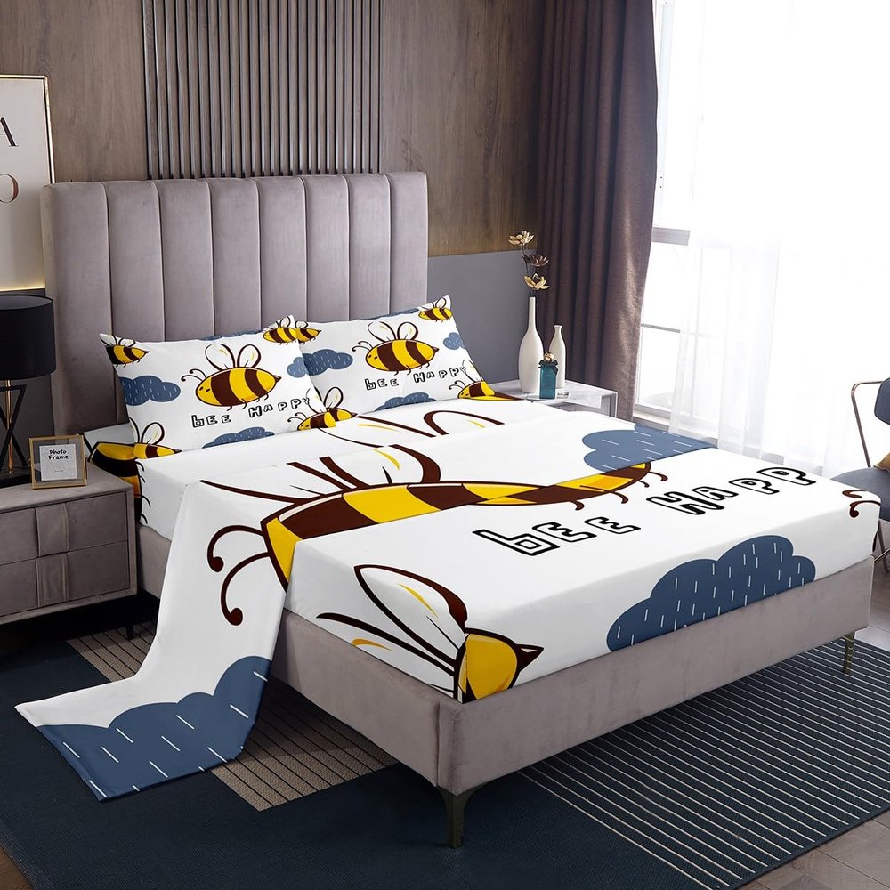 Erosebridal Honey Bee Sheet Set Twin, Bee Happy Bee Bed Sheets Bedroom Living Room Dorm Decor 3 Pcs, Soft Fitted Sheet Cartoon Bee Flat Sheet + 1 Fitted Sheet + 1 Pillow Case with Deep Pocket
