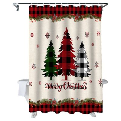 ALAGEO Christmas Shower Curtain Pine Tree Holly Shower Curtains for Bathroom Decor Snowflake Xmas Buffalo Plaid Check for Christmas Decoration Bath Curtains Set with Hooks Waterproof 72" W x 84" L