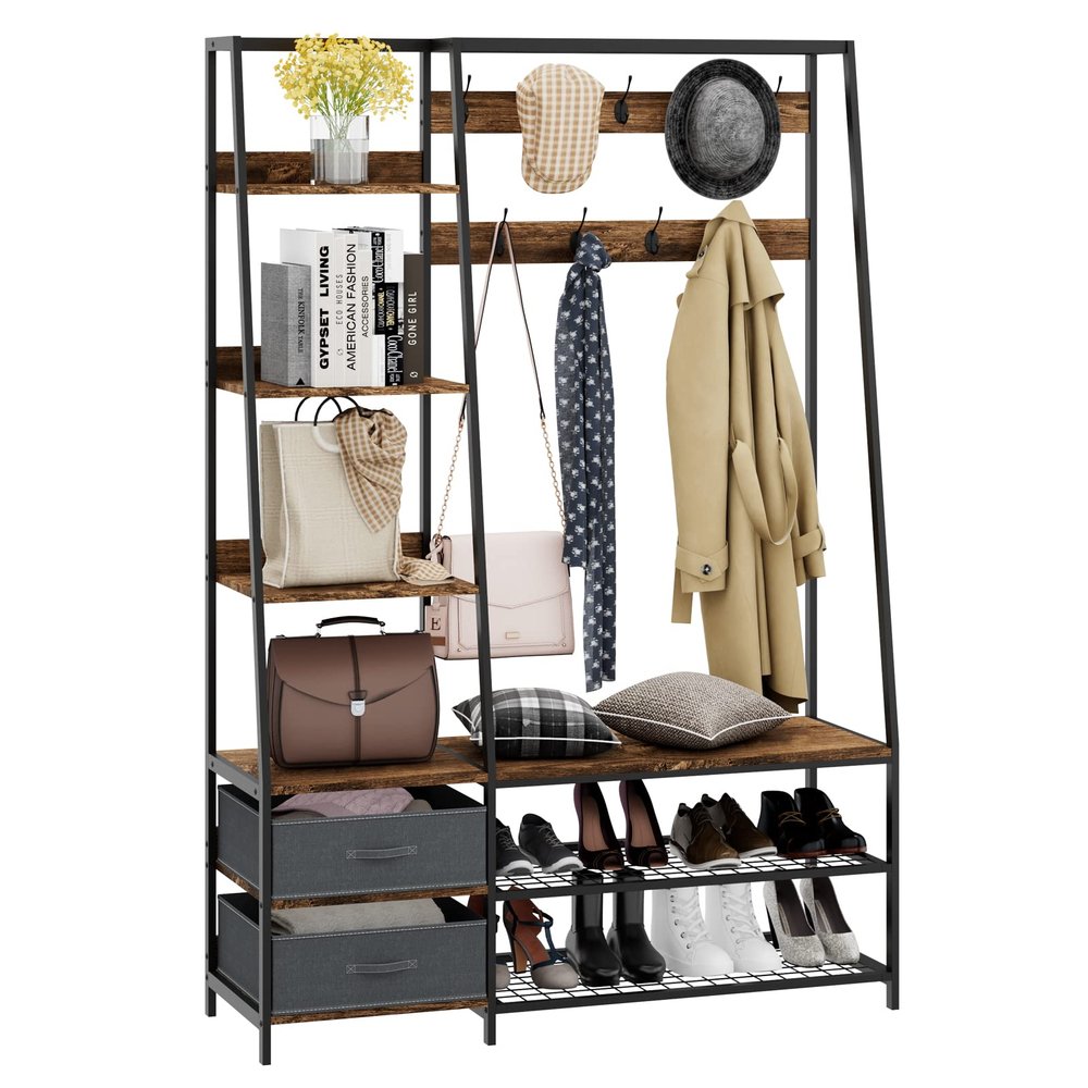 Tangkula Hall Tree with Bench and Shoe Storage, Industrial Entryway Bench with Coat Rack, 2 Fabric Dressers, 6 Side Shelves, 9 Dual Hooks, 6-in-1 Freestanding Coat Rack (Rustic Brown)