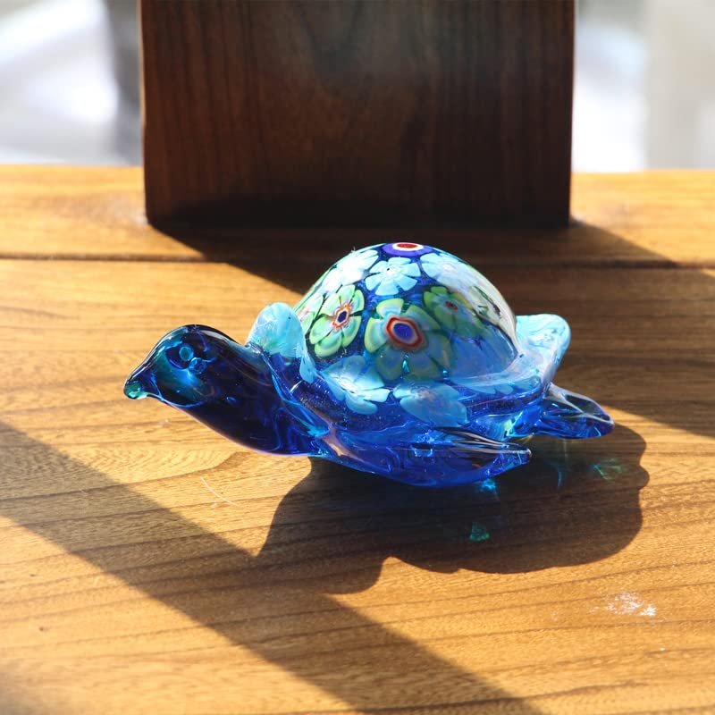 DECRZPB Handmade Glass Blue Turtle Figurine Blown Glass Glaze Crystal Gift for Christmas Birthday Home Decor Table Ornament
