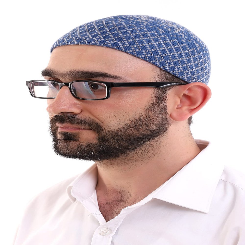 ihvan online Turkish Muslim Winter Wool Knitting Kufi Hats for Men, Taqiya, Takke, Peci, Islamic Caps, Islamic Gifts, Standart Size, Blue
