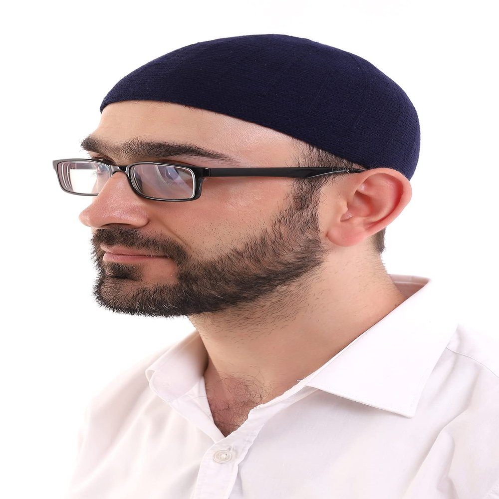 ihvan online Turkish Muslim Winter Wool Knitting Kufi Hats for Men, Taqiya, Takke, Peci, Islamic Caps, Islamic Gifts, Standart Size, Navy Blue/Style 4