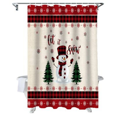 ALAGEO Christmas Shower Curtain Snowman Pine Tree Shower Curtains for Bathroom Decor Snowflake Checkered for Christmas Decoration Bath Curtains Set with Hooks Waterproof 72" W x 78" L