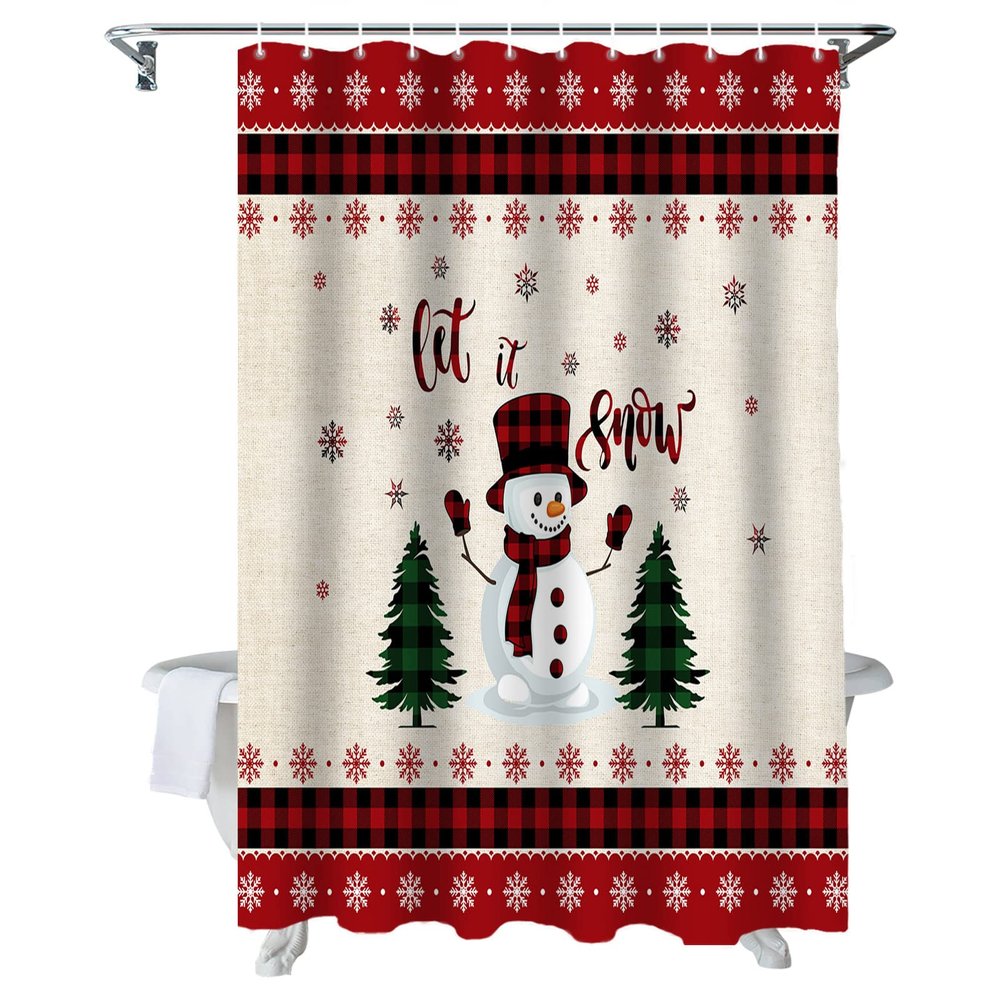ALAGEO Christmas Shower Curtain Snowman Pine Tree Shower Curtains for Bathroom Decor Snowflake Checkered for Christmas Decoration Bath Curtains Set with Hooks Waterproof 72" W x 78" L