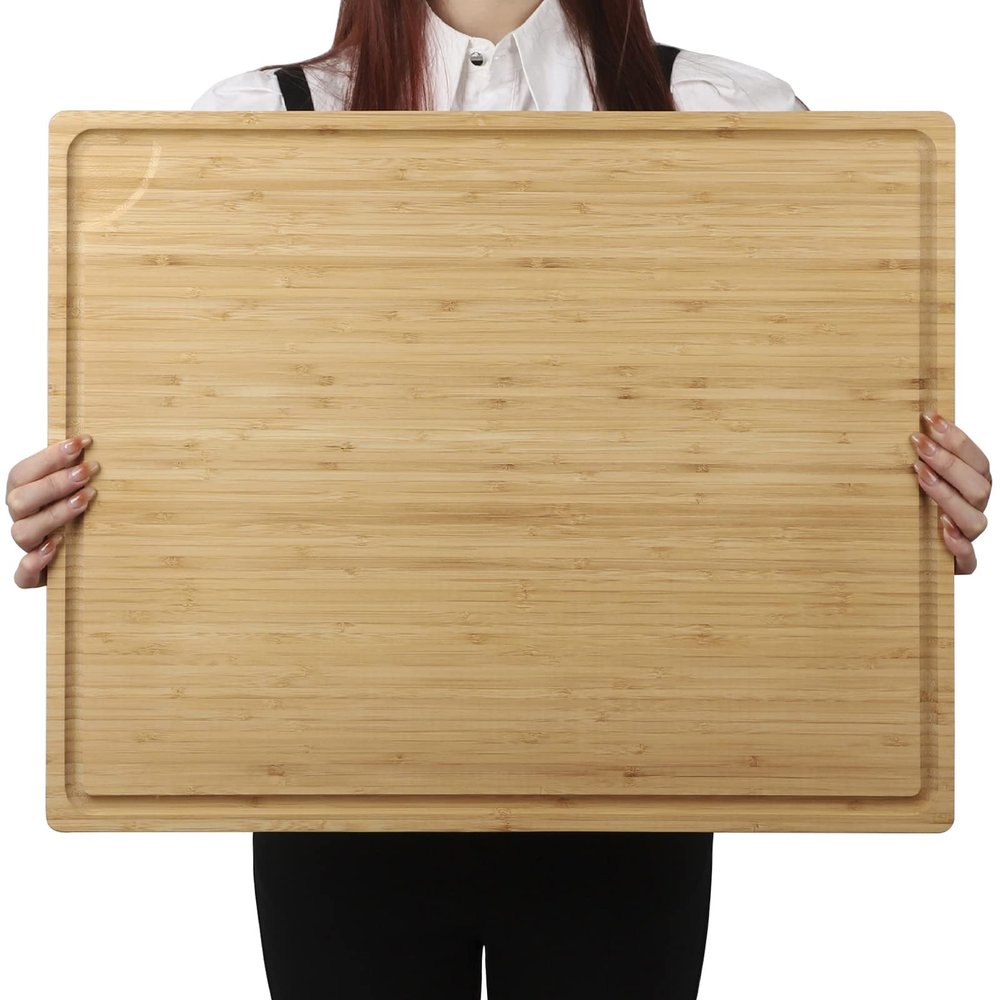 BAMOTTO CRAFTBAMBOO XXL Extra Large 100% Organic Bamboo Cutting Board 24"x18" - Butcher Block Chopping/Carving Board with Handle & Juice Groove for Turkey, Meat, Vegetables, BBQ