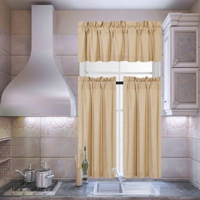 3 Piece (K3) Kitchen Restaurant Bar Brunch Window Curtain Blackout Linen Faux Silk Tier Pair and Valance Rod Pocket Solid Colors (Gold Honey)