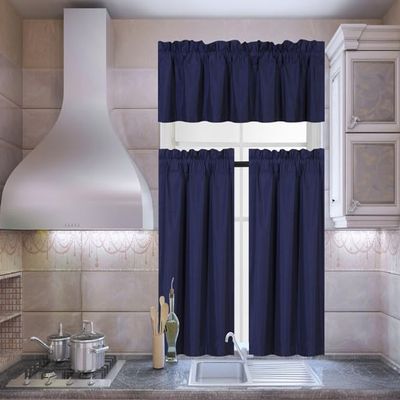 3 Piece (K3) Kitchen Restaurant Bar Brunch Window Curtain Blackout Linen Faux Silk Tier Pair and Valance Rod Pocket Solid Colors (Navy Indigo)