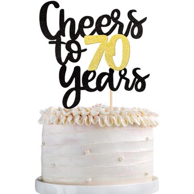 Cheers to 70 Years Cake Topper - Black and Gold Glitter Assembled Birthday Cake Pick - Happy 70th Cake Decoration for Anniversary and Seventy Birthday Party Supplies (1 Pack)