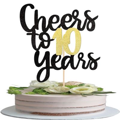 1 Pack Cheers to 10 Years Cake Topper Black and Gold Glitter Assembled 10th Birthday Cake Pick Happy 10 Cake Decoration for 10th Anniversary Ten Birthday Party Decorations Supplies