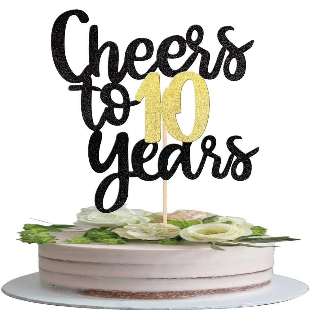 1 Pack Cheers to 10 Years Cake Topper Black and Gold Glitter Assembled 10th Birthday Cake Pick Happy 10 Cake Decoration for 10th Anniversary Ten Birthday Party Decorations Supplies