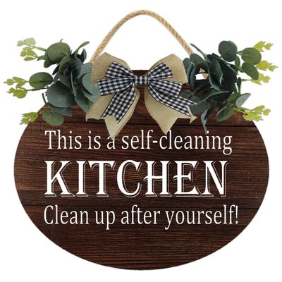This Is A SelfCleaning Kitchen Clean Up After Yourself Sign Rustic Round Wooden Wreath Decor, Wooden Decorations Kitchen Nook Station Wall Plaque Home Family Farmhouse Gift For Summer Spring Fall