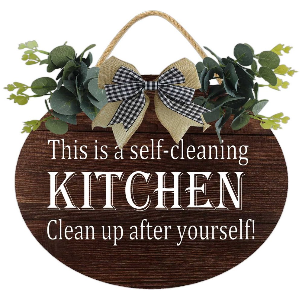 This Is A SelfCleaning Kitchen Clean Up After Yourself Sign Rustic Round Wooden Wreath Decor, Wooden Decorations Kitchen Nook Station Wall Plaque Home Family Farmhouse Gift For Summer Spring Fall