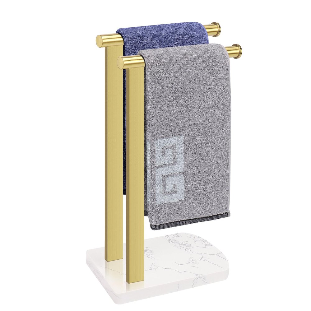 NearMoon Hand Towel Holder with Balanced Marble Base, SUS304 Stainless Steel Stand Towel Ring L Shape Hand Towel Rack Free-Standing Towel Bar for Bathroom Kitchen Countertop (Double Rod, Brushed Gold)