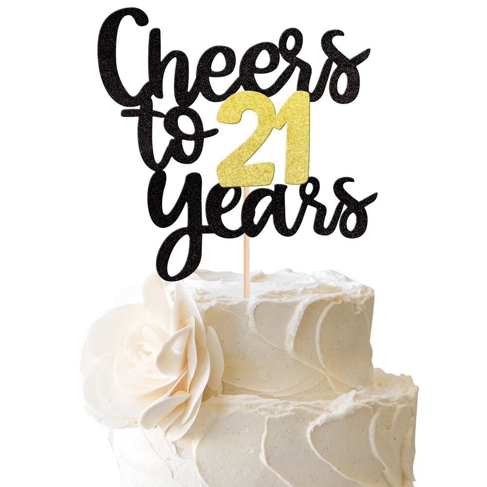 Cheers to 21 Years Cake Topper - Black and Gold Glitter Assembled Birthday Cake Pick - Happy 21st Cake Decoration for Anniversary and Twenty-One Birthday Party Decorations Supplies (1 Pack)