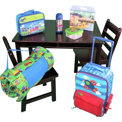 AVENTIS Childs Espresso Rectangle Table with Shelf & 2 Chairs Blue Automobile Sleepover Travel Bundle with Auto Luggage, Nap Set, Lunchbox, Snack Box, Bottle, & Magnetic Playset Ages 3+