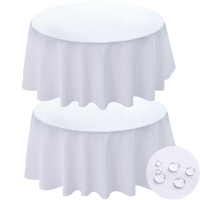 BYDOLL Table Cloth Round 90 Inch Fits Max80 Inch Diameter Top,2 Pack White Washable Outdoor Winkle and Stain Resistant Spillproof Polyester Tablecloth for Round Tables Party Cover