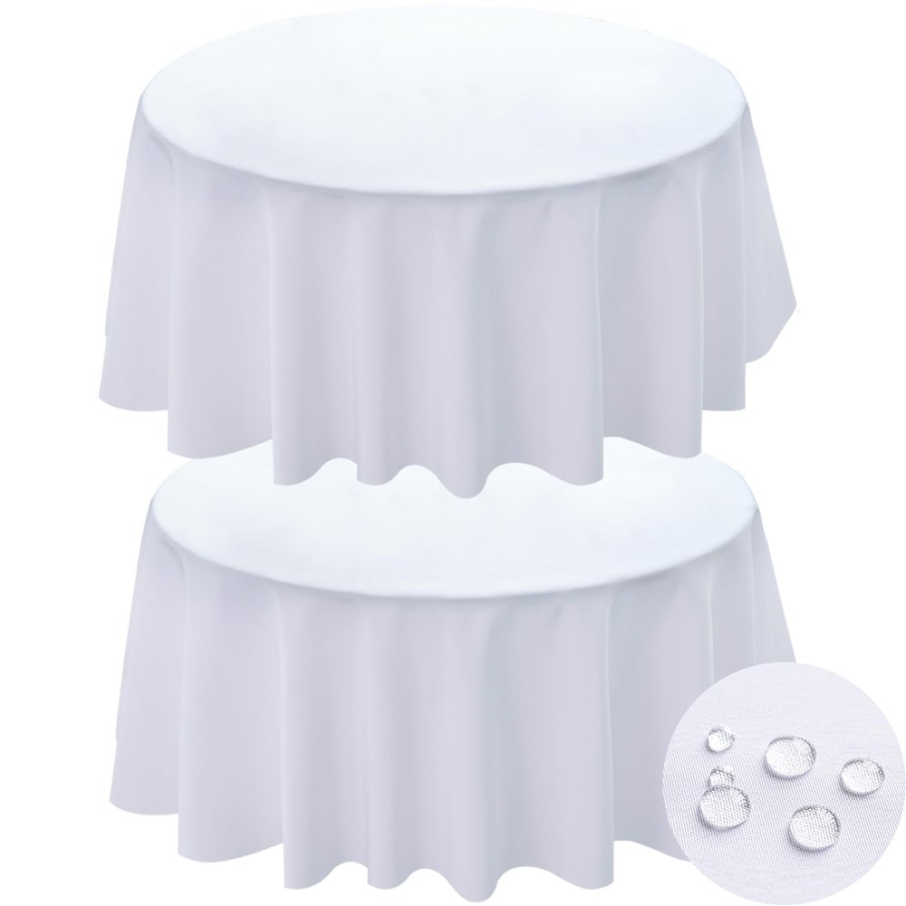 BYDOLL Table Cloth Round 90 Inch Fits Max80 Inch Diameter Top,2 Pack White Washable Outdoor Winkle and Stain Resistant Spillproof Polyester Tablecloth for Round Tables Party Cover