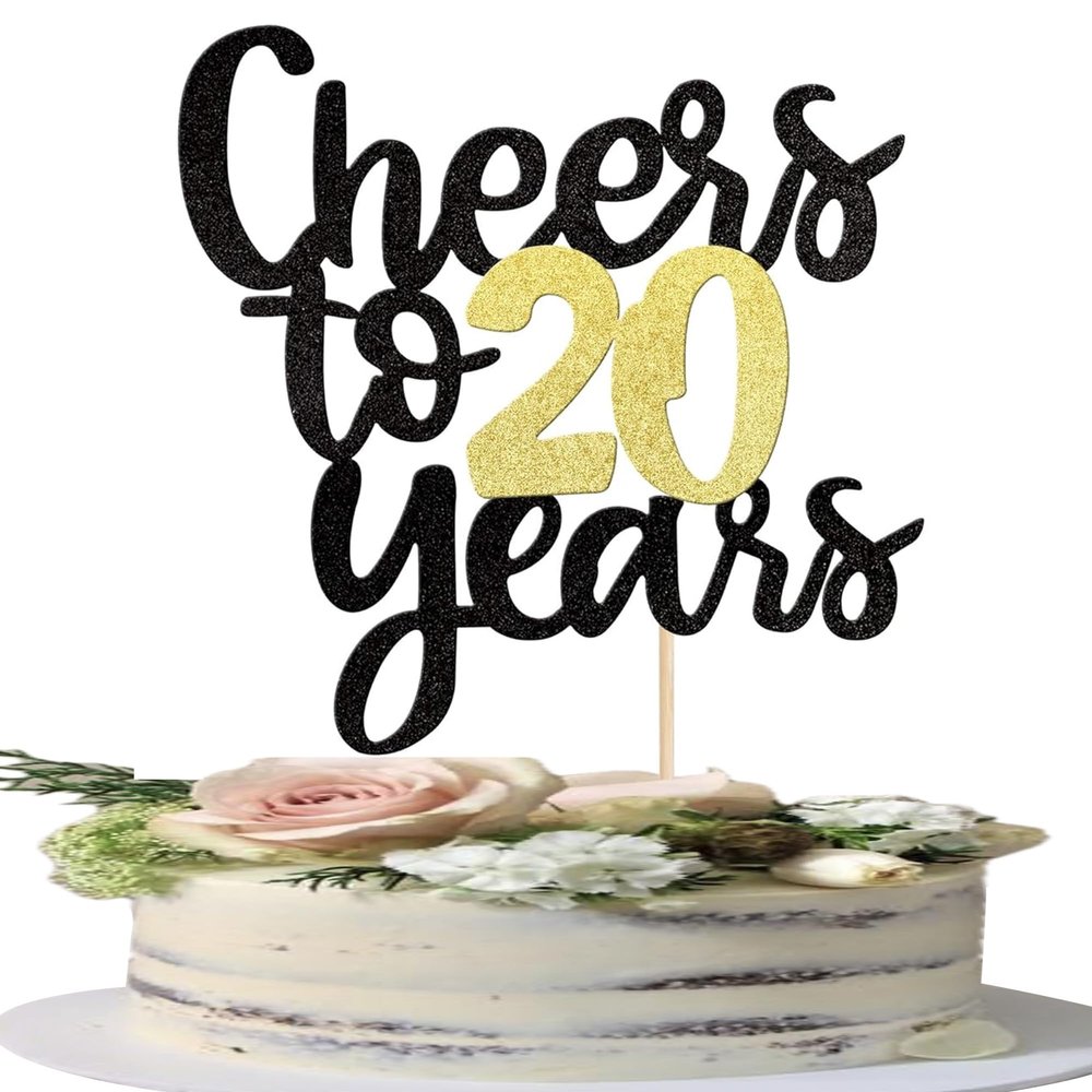 1 Pack Cheers to 20 Years Cake Topper Black and Gold Glitter Assembled 20th Birthday Cake Pick Happy 20 Cake Decoration for 20th Anniversary Twenty Birthday Party Decorations Supplies