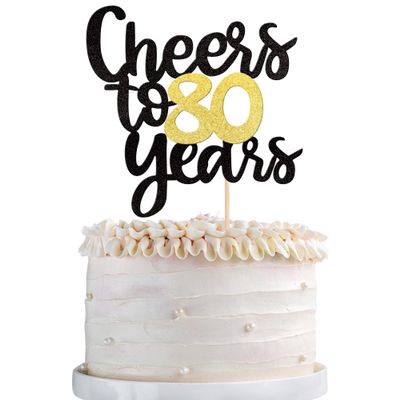 Cheers to 80 Years Cake Topper - Black and Gold Glitter Assembled Birthday Cake Pick - Happy 80th Cake Decoration for Anniversary and Eighty Birthday Party Supplies (1 Pack)