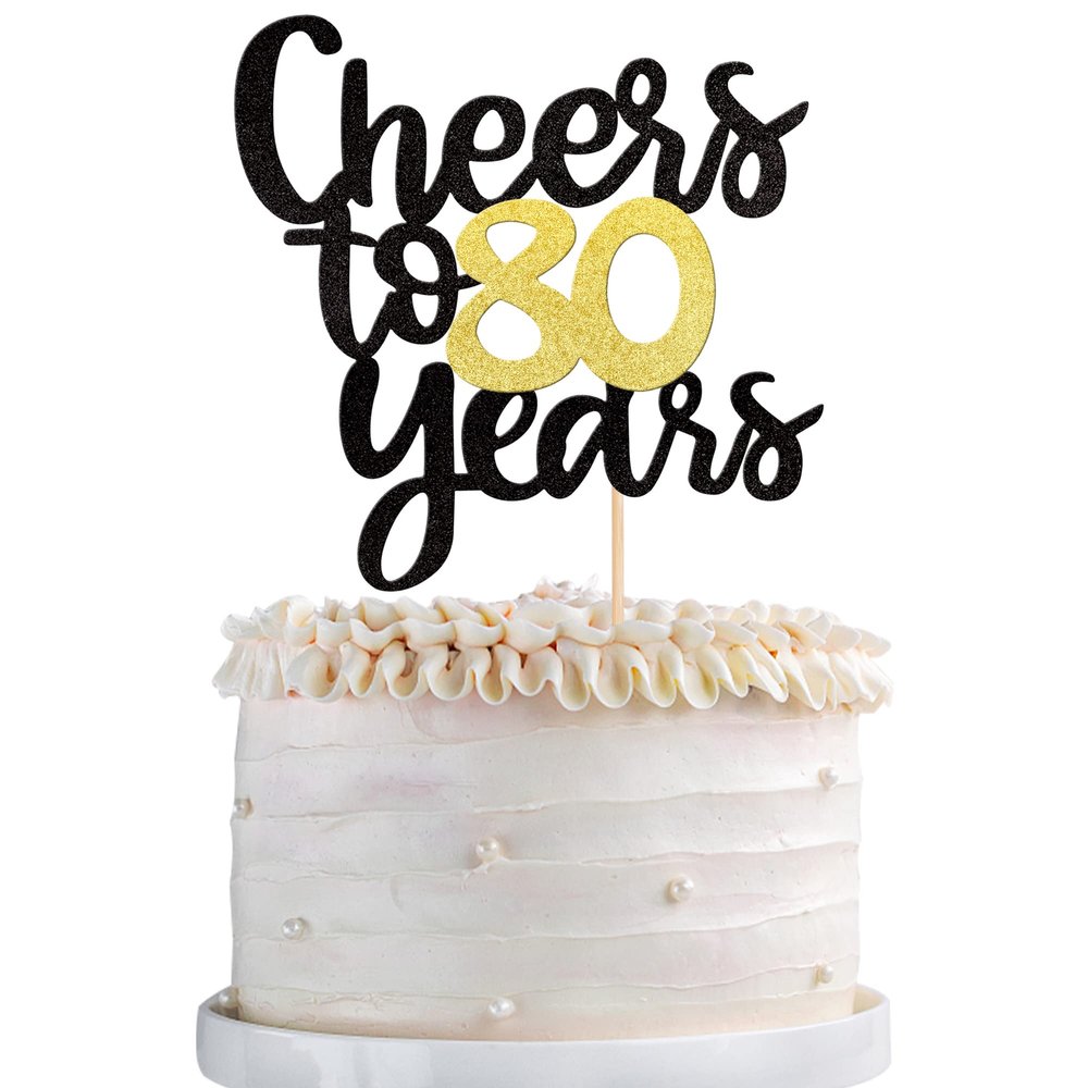 Cheers to 80 Years Cake Topper - Black and Gold Glitter Assembled Birthday Cake Pick - Happy 80th Cake Decoration for Anniversary and Eighty Birthday Party Supplies (1 Pack)
