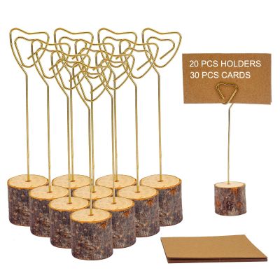 20 Pcs Rustic Wood Place Card Holders and 30 Pcs Kraft Place Cards, Wooden Table Number Holder Stand Photo Picture Note Clip Holders for Wedding Party Name Sign(Gold Heart Wire)