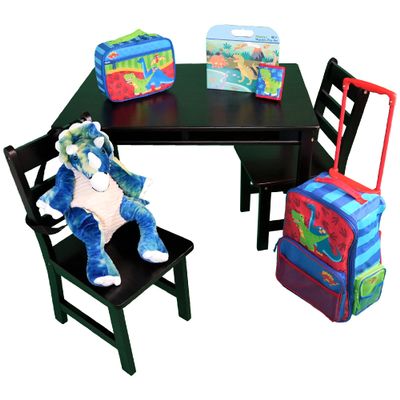 AVENTIS Childs Espresso Rectangle Table with Shelf & 2 Chairs Fun Blue Dinosaur Sleepover Travel Bundle with Dinosaur Luggage, Lunchbox, Backpack, Wallet, & Magnetic Playset Ages 3+
