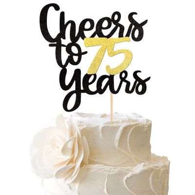 Cheers to 75 Years Cake Topper - Black and Gold Glitter Assembled Birthday Cake Pick - Happy 75th Cake Decoration for Anniversary Party Decorations Supplies (1 Pack)