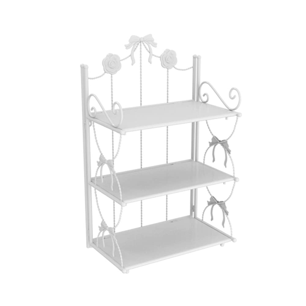 BOOMALTU Cute 3-Tier Folding Metal Shelving Bathroom Shelf,White Bookshelf with Bow Decor and Flowers for Storage and Display in Living Room, Bathroom, Office, Kitchen