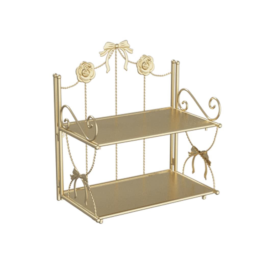 BOOMLATU 2-Tier Spice Rack Bow Counter Shelf Desktop Storage Organizer,Gold Foldable Shelf Bathroom Counter Organizer for Countertop Kitchen Office Living Room Desktop(Gold, 2-Tier)
