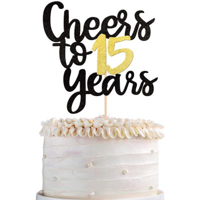 Cheers to 15 Years Cake Topper - Black and Gold Glitter Assembled Birthday Cake Pick - Happy 15th Anniversary Decoration for Fifteen Birthday Party Supplies (1 Pack)