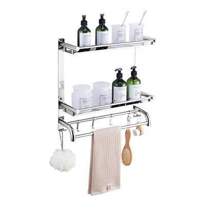 TOMYEUS Shower Caddy Bathroom Shelf 2 Tier Bathroom Shelf Wall Mounted with Towel Bar and 6 HooksFloating Shelves Wall Mounted20Inch 304 Stainless Steel Shower Organizer