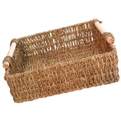 Zerodeko Sundries Storage Basket Wooden Handle Large Straw Organizer for Cosmetics Keys and More Desktop Storage for Home Decor and Tidy Spaces